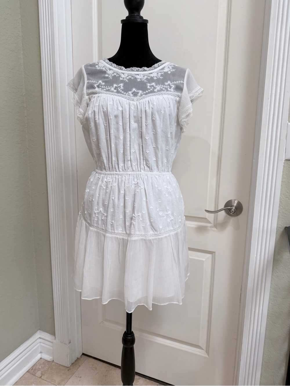 LoveShackFancy White Embroidered Sheer Yoke Mini Dress